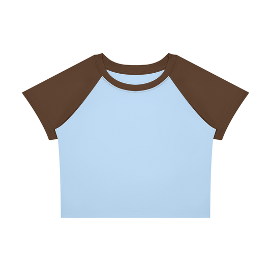 Women's raglan color block baby tee in sky blue with coffee