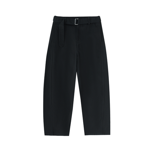 Women's Belted Barrel-Leg Chino Pants in black, front view