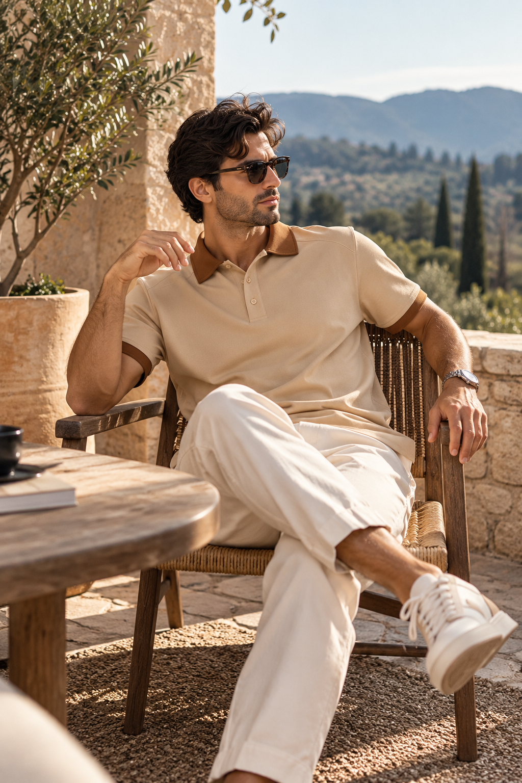 Man wearing a DREVYNOR contrast collar raglan polo shirt on a terrace