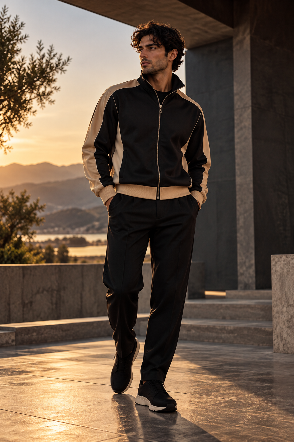 DREVYNOR Contrast Trim Stand Collar Jacket worn in a modern architectural setting