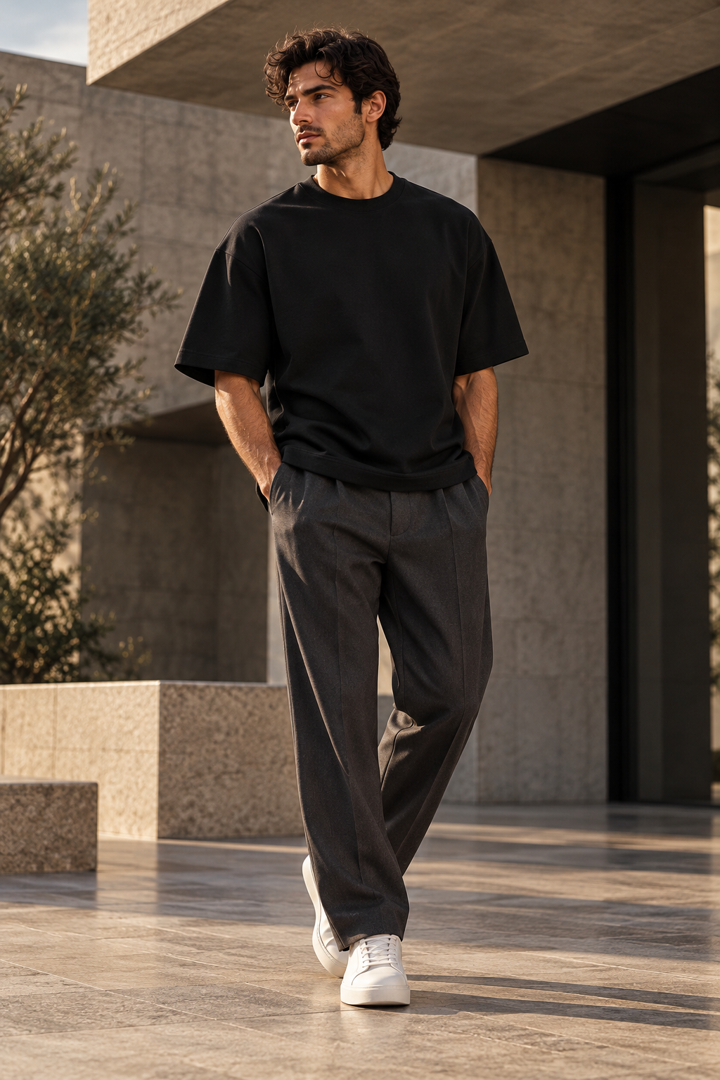 DREVYNOR Boxy Drop Shoulder T-Shirt worn in a modern architectural setting