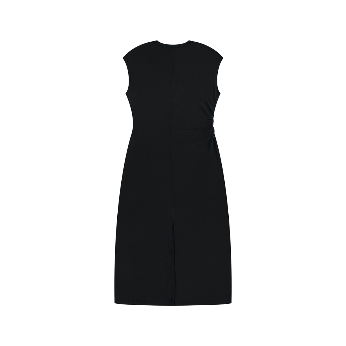 Women's Ruched Sleeveless Midi Dress in black, back view with slit
