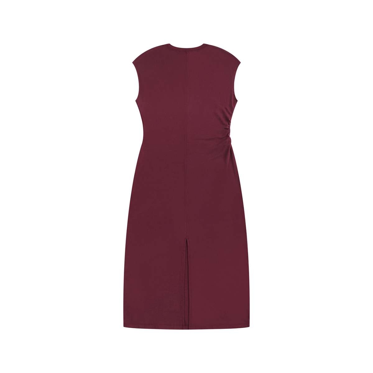 Women's Ruched Sleeveless Midi Dress in wine red, back view with slit