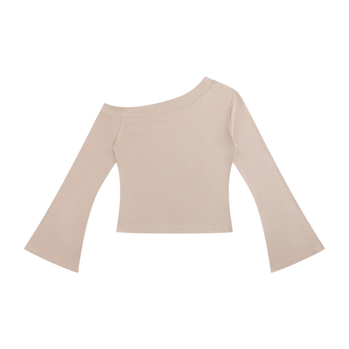 Women's off-shoulder bell sleeve top in pale khaki, flat lay