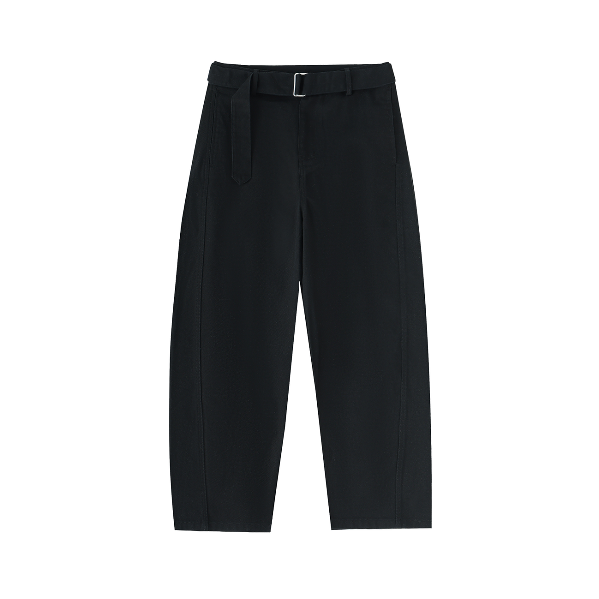Women's Belted Barrel-Leg Chino Pants in black, front view