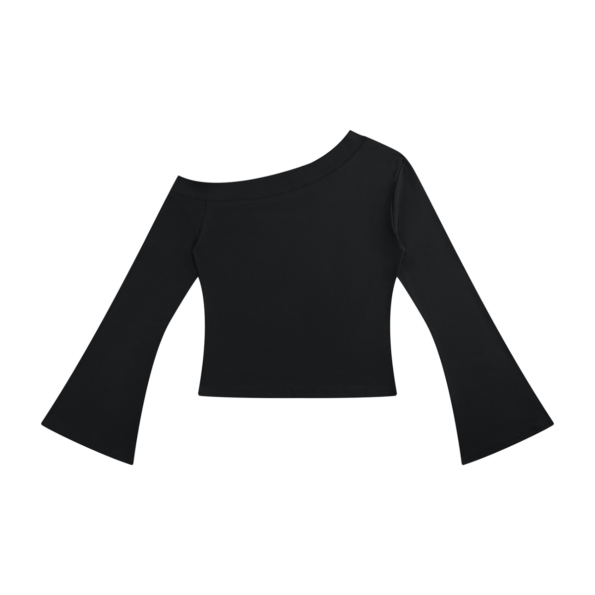 Women's off-shoulder bell sleeve top in black, flat lay
