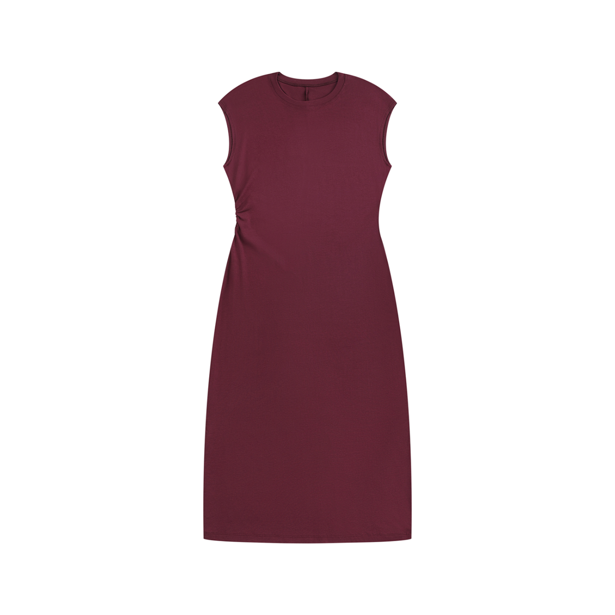 Women's Ruched Sleeveless Midi Dress in wine red, front view