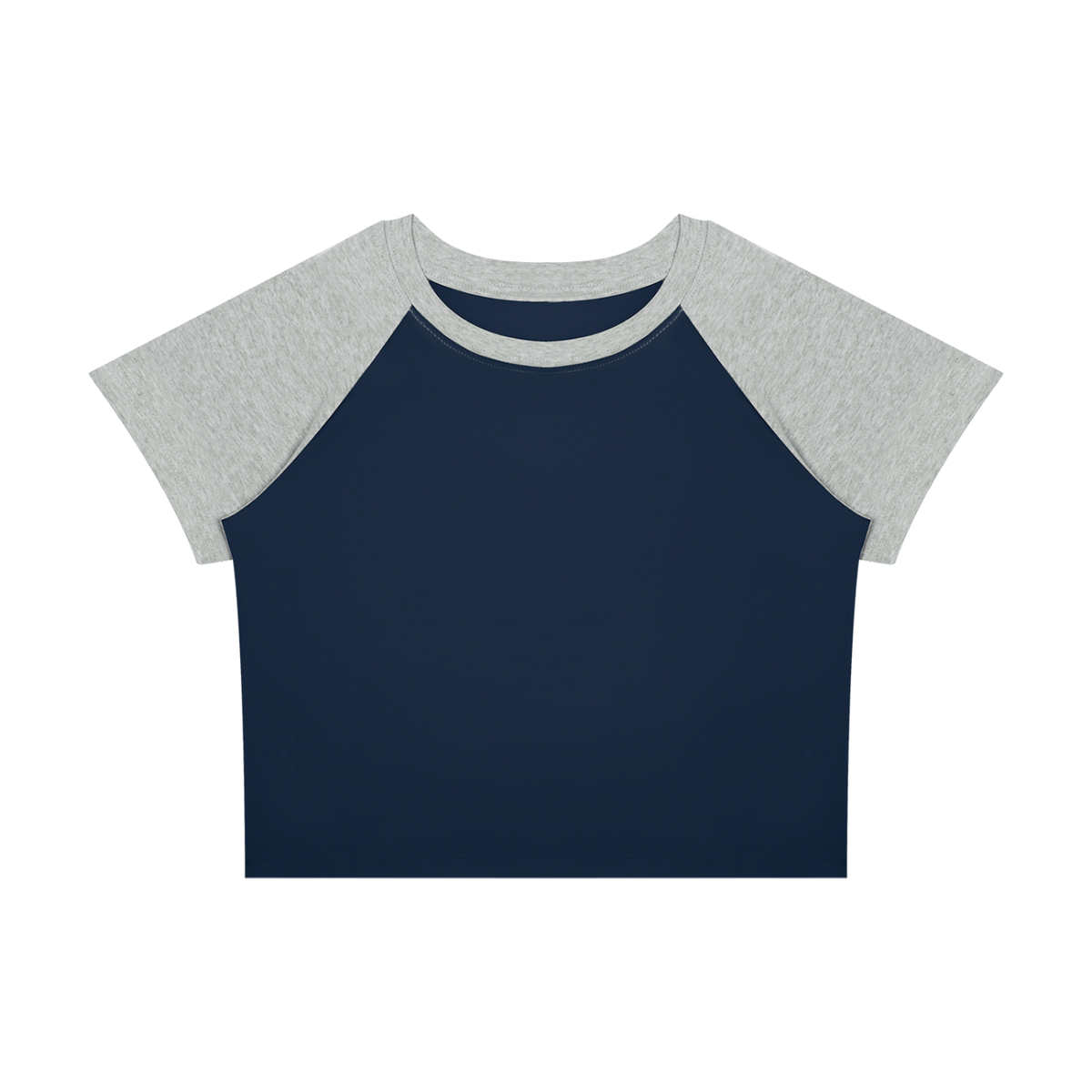 Women's raglan color block baby tee in navy blue with flower gray