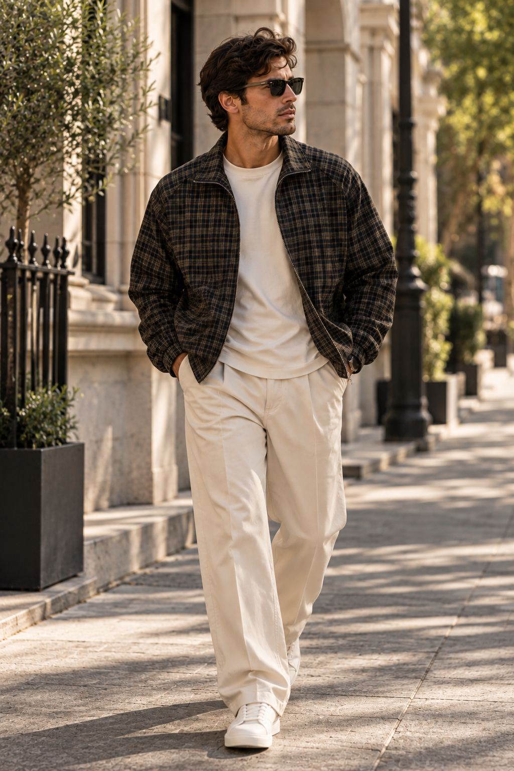 Model wearing the DREVYNOR plaid full-zip track jacket