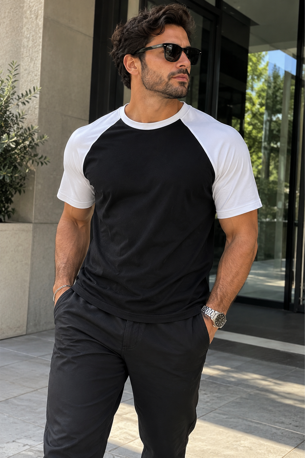 Model wearing the DREVYNOR contrast raglan mesh T-shirt