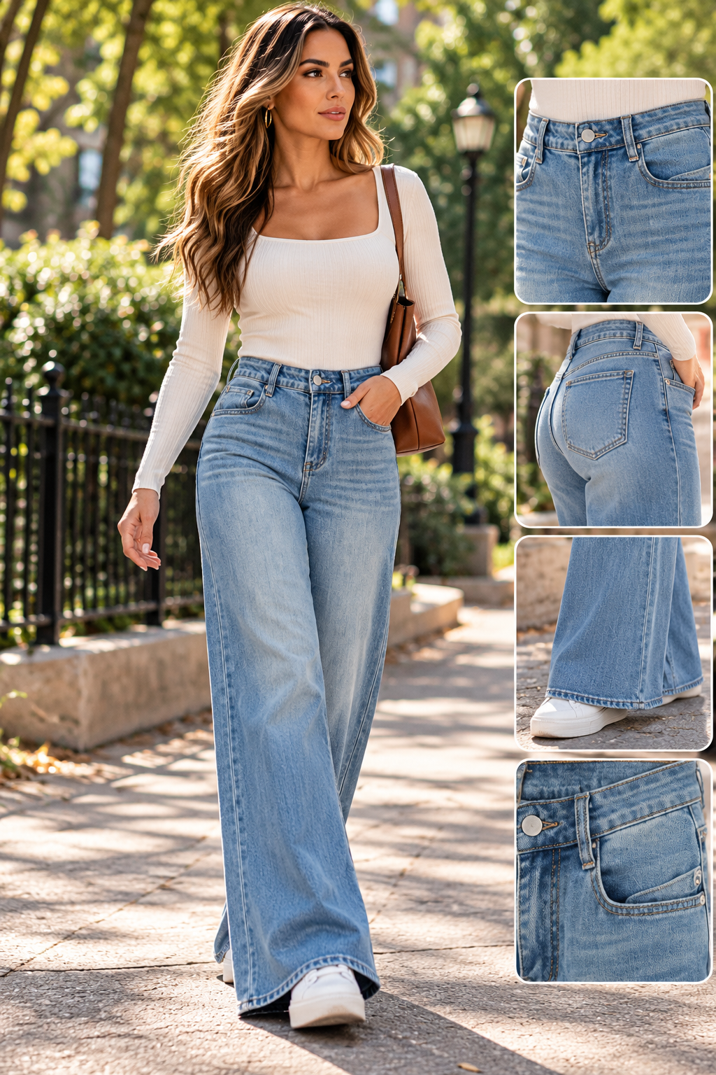 Model wearing the Women's Vintage Wash Flared Jeans in blue on a city walk