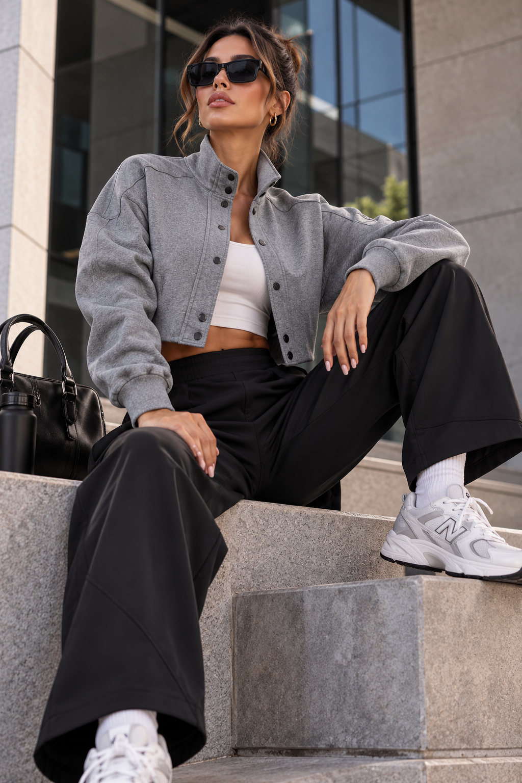 Model wearing the DREVYNOR women's cropped button-front knit jacket