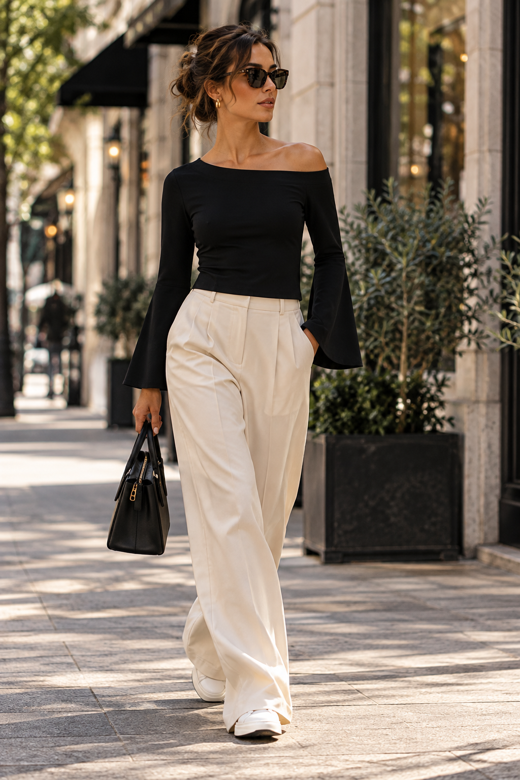 Model wearing the DREVYNOR women's off-shoulder bell sleeve top