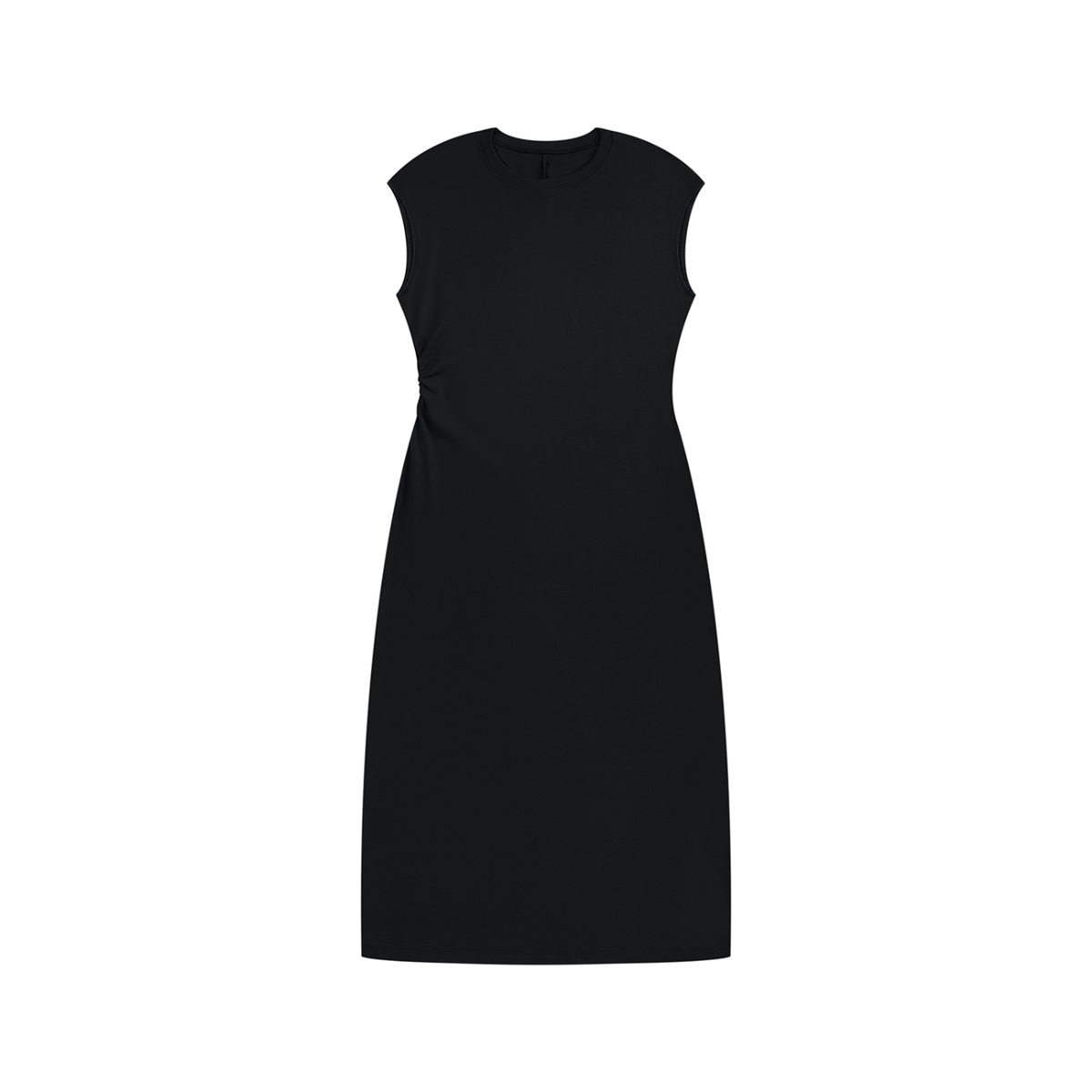 Women's Ruched Sleeveless Midi Dress in black, front view