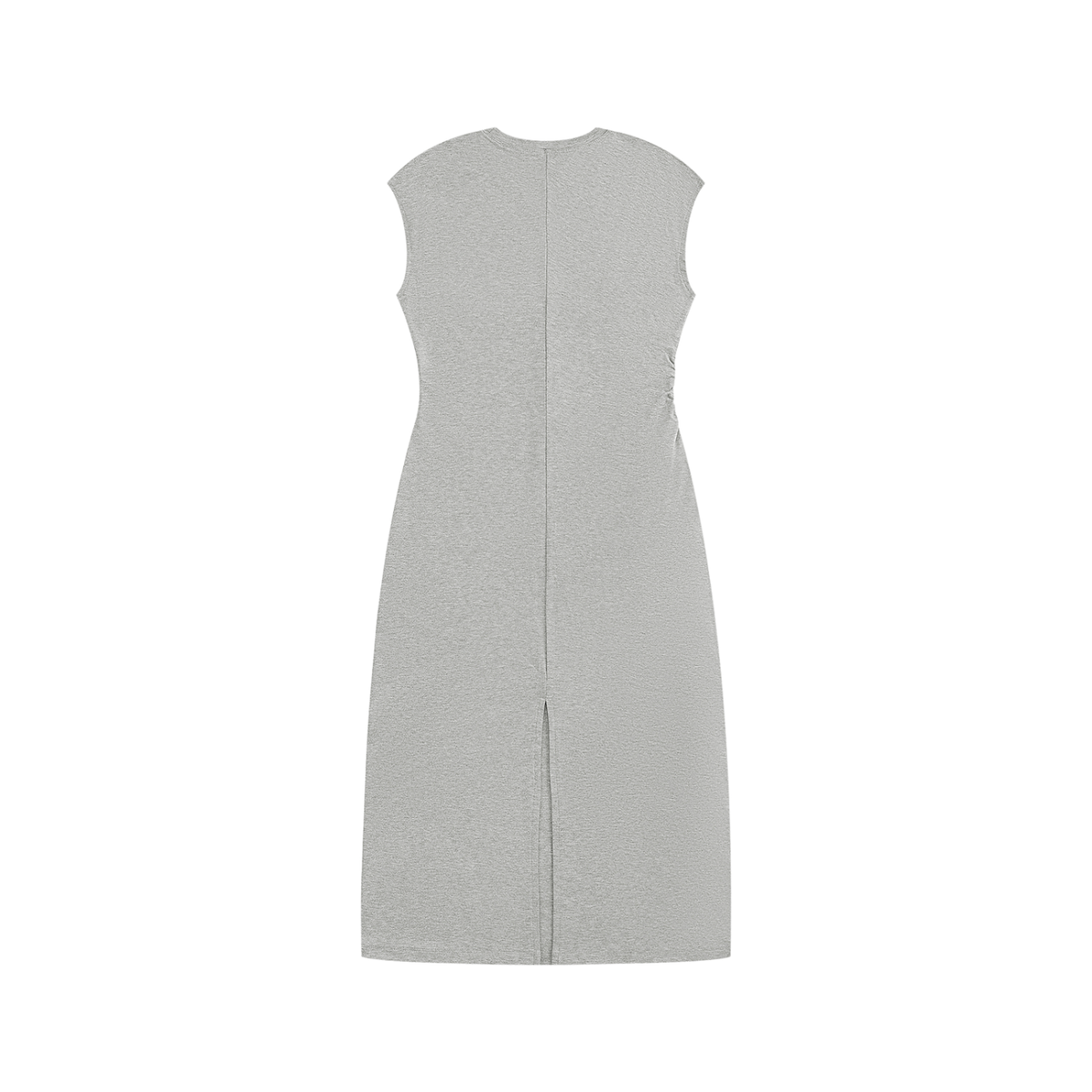 Women's Ruched Sleeveless Midi Dress in flower gray, back view with slit